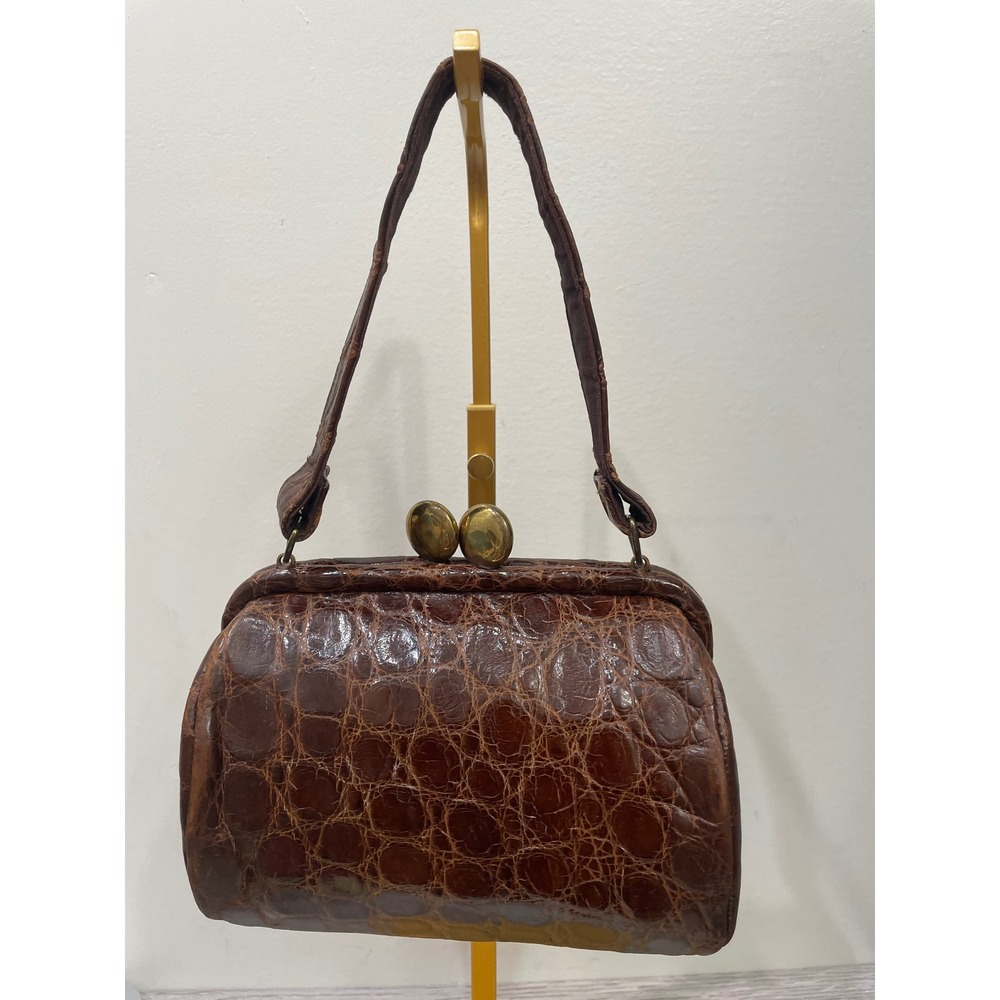 Vintage Gaber Bags Brown Crocodile Embossed Leather Kiss Lock Frame handbag